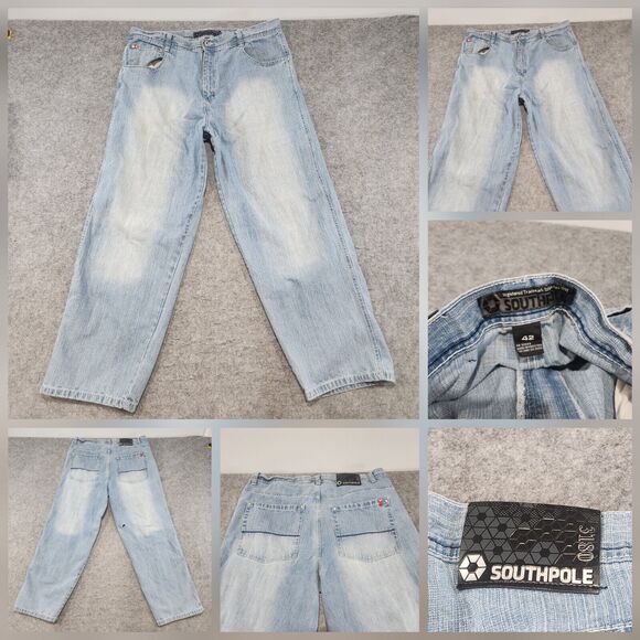 VTG Y2K SouthPole Red Tab Mens 42x34 Light Wash Faded Baggy Blue Denim Jeans